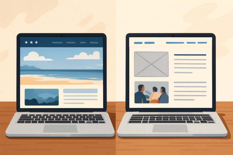 Deux ordinateurs portables affichent deux maquettes de site internet côte à côte