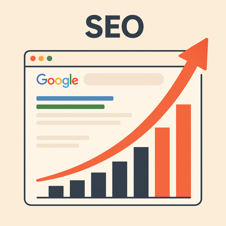 Illustration d’une page de résultats Google avec une courbe de visibilité en hausse