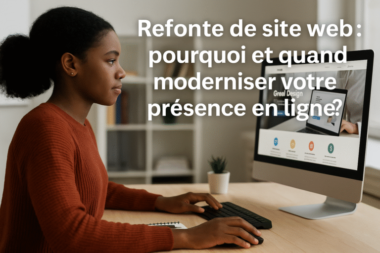 Une femme travaillant sur un ordinateur devant la maquette d’un site web modernisé