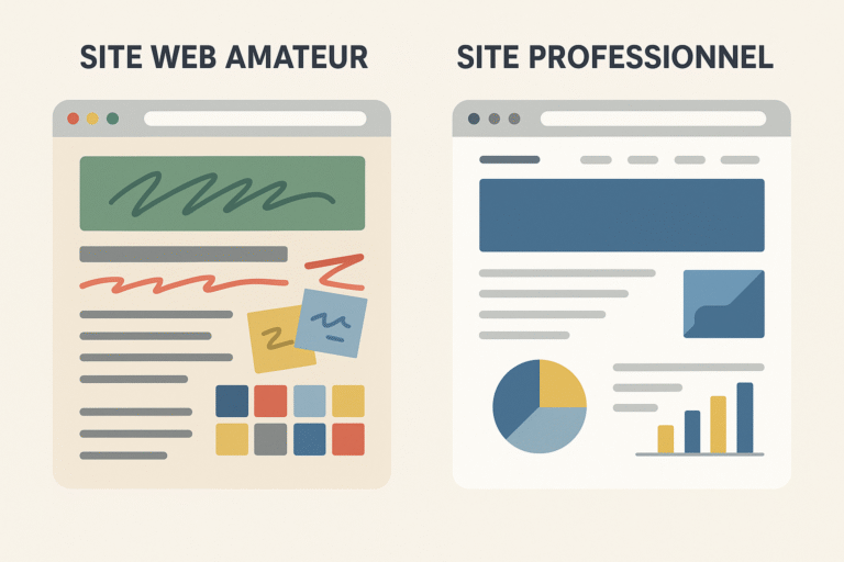 Comparaison entre un site web amateur, désordonné, et un site professionnel, clair et structuré