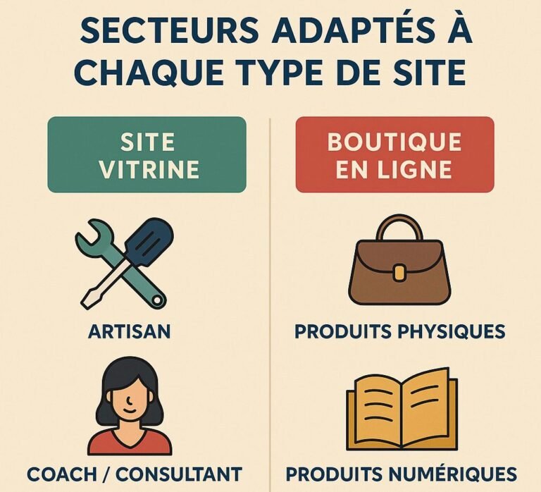 Schéma : le site vitrine convient aux artisans et aux consultants, la boutique en ligne à la vente de produits physiques ou numériques