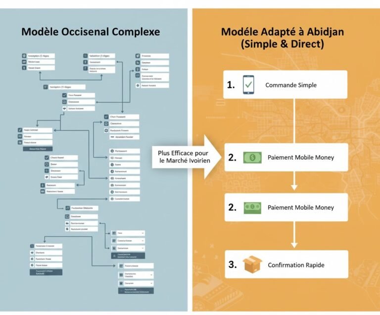 Comparaison entre un parcours d’achat en ligne complexe et un parcours simple adapté à Abidjan, avec paiement Mobile Money