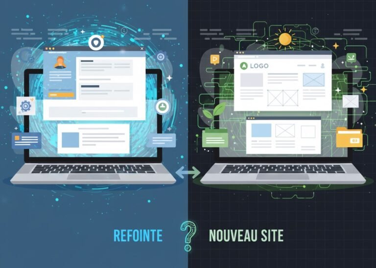 Deux ordinateurs côte à côte, l’un pour la refonte d’un site existant, l’autre pour un nouveau site, avec un point d’interrogation entre les deux