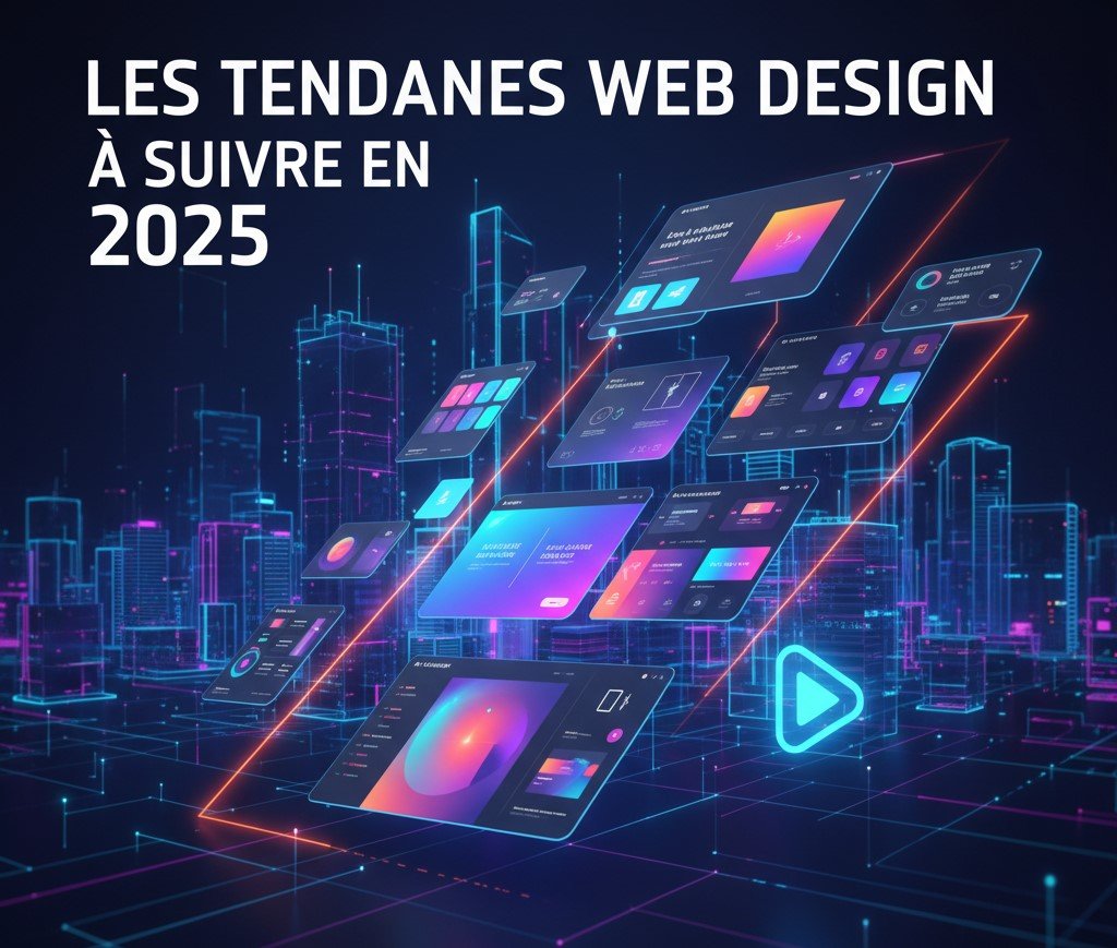 Maquettes de sites web colorées flottant devant une ville futuriste