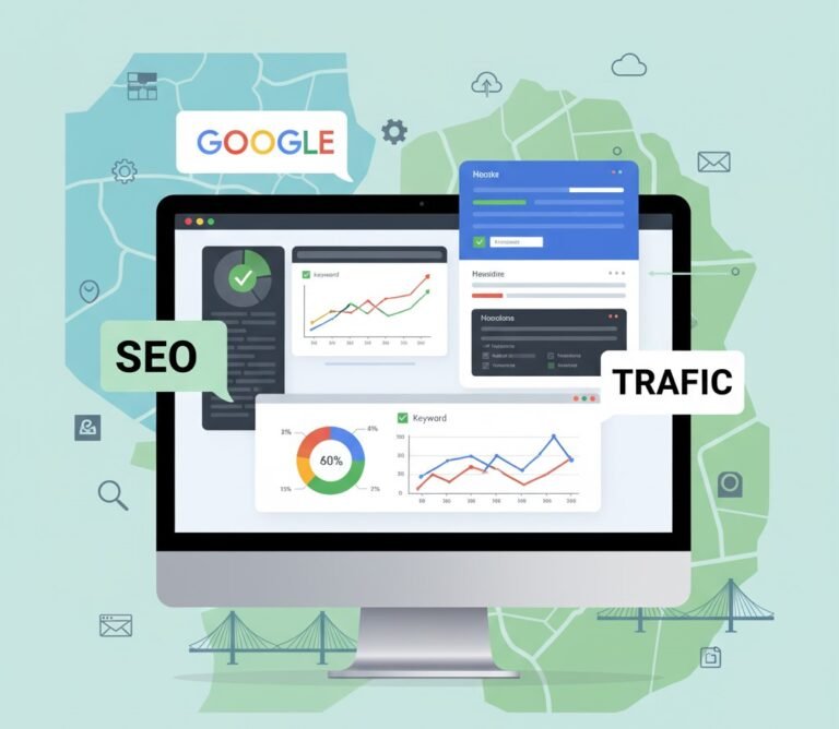 Écran d’ordinateur affichant des courbes de visites d’un site internet et le logo Google