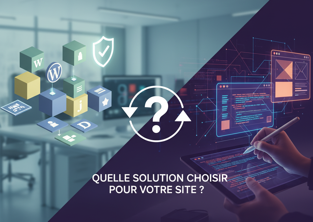 Illustration d’un choix entre un CMS à gauche et un développement sur mesure à droite, avec un point d’interrogation au centre