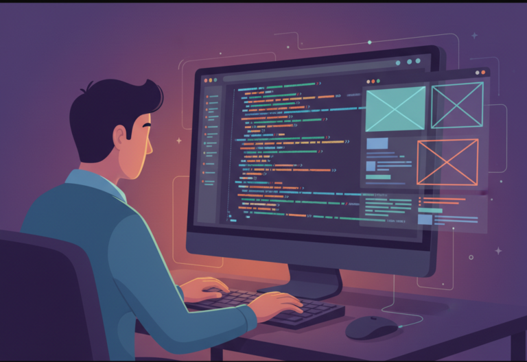 Développeur devant un écran affichant du code et des maquettes de pages