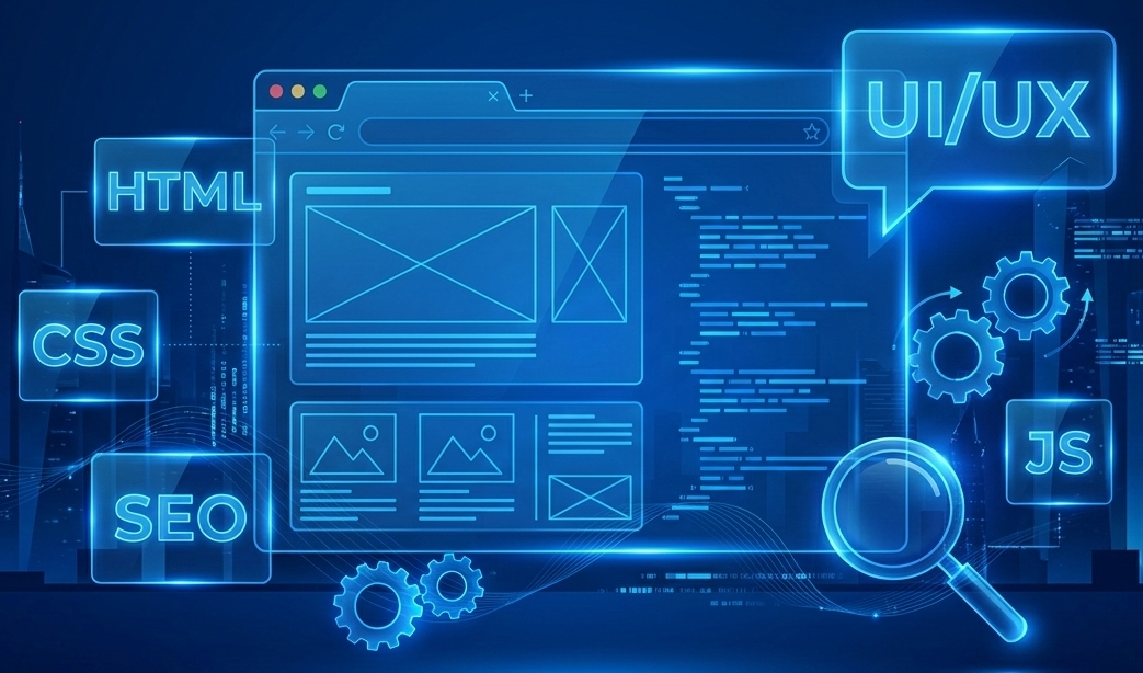 Illustration d’un site web en conception : HTML, UI/UX, SEO et JavaScript