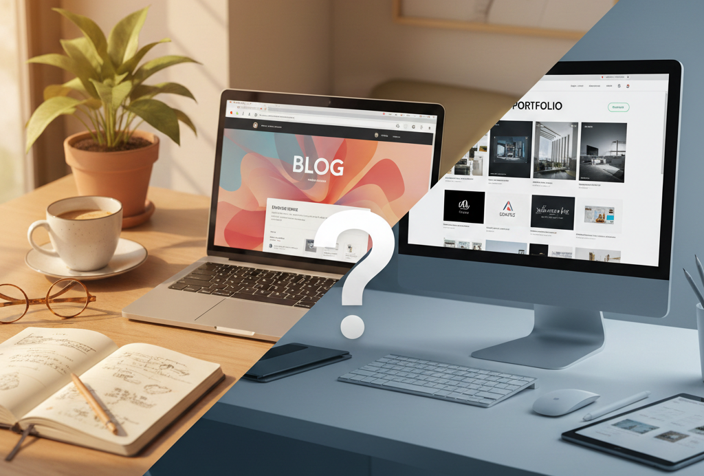 Deux bureaux côte à côte, l’un avec un ordinateur portable affichant un blog, l’autre avec un écran affichant un portfolio