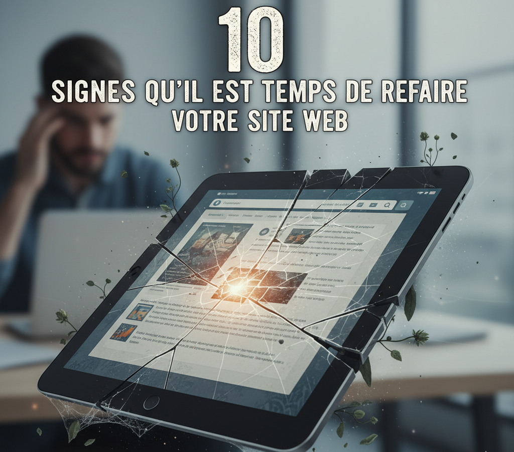 Une tablette dont l’écran est fissuré affiche un site web dépassé, devant un homme préoccupé : signe qu’il est temps de refaire son site