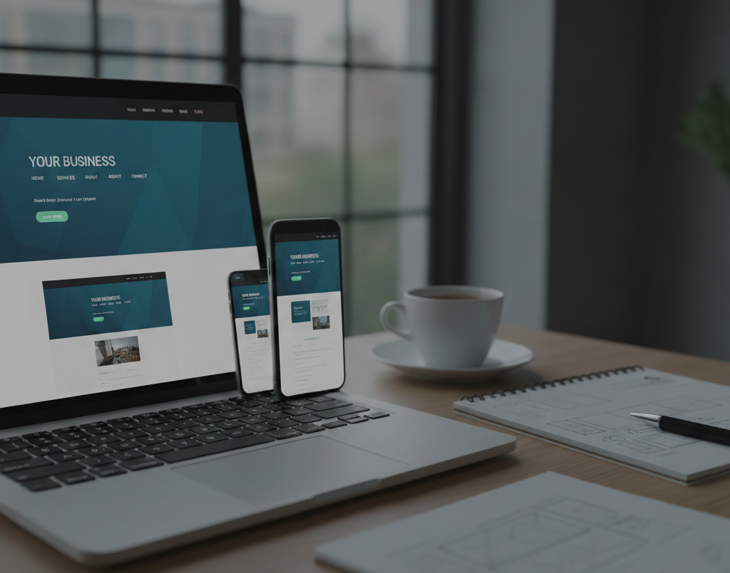 Un ordinateur portable et deux téléphones affichant un site web d’entreprise
