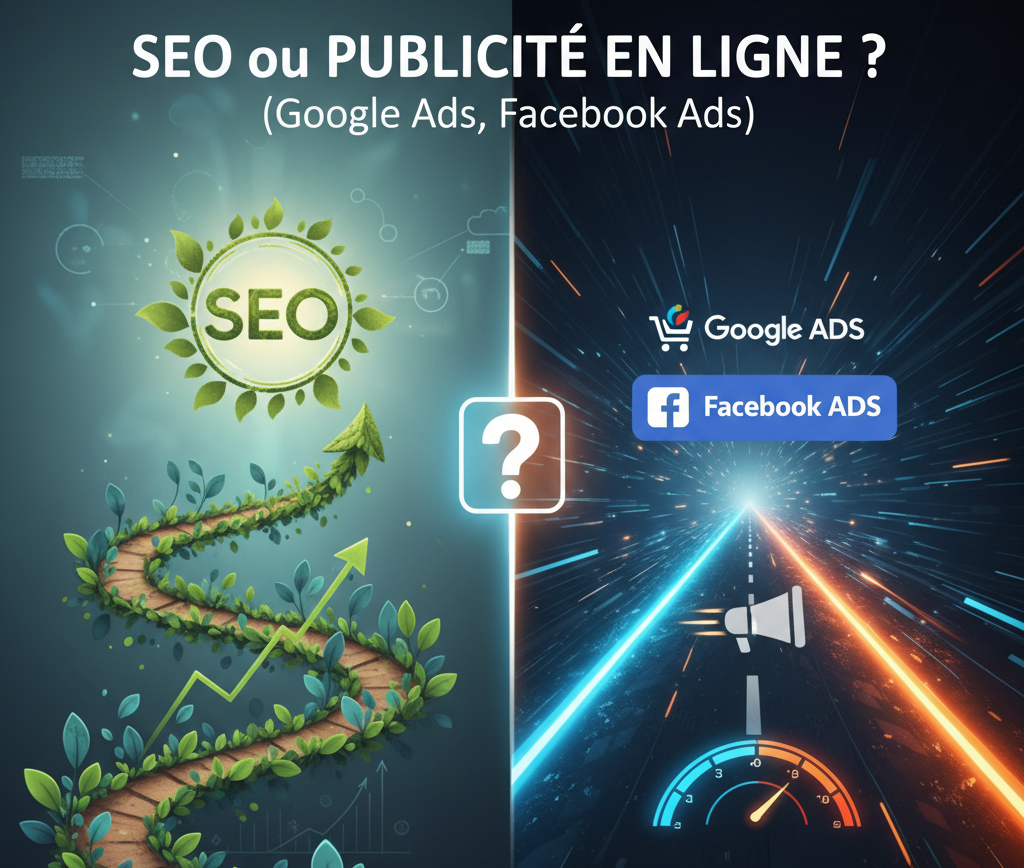 Deux moitiés opposées : un chemin végétal qui monte pour le référencement SEO, et une route lumineuse avec les logos Google Ads et Facebook Ads pour la publicité