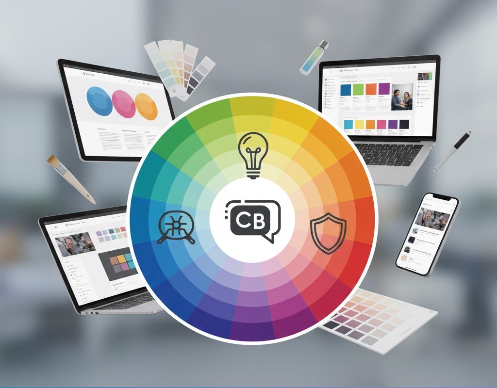 Roue chromatique entourée d’ordinateurs, d’un téléphone et de nuanciers de couleurs