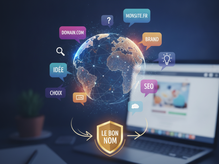 Globe terrestre entouré de bulles de noms de domaine et d’un badge « Le bon nom » devant un ordinateur portable