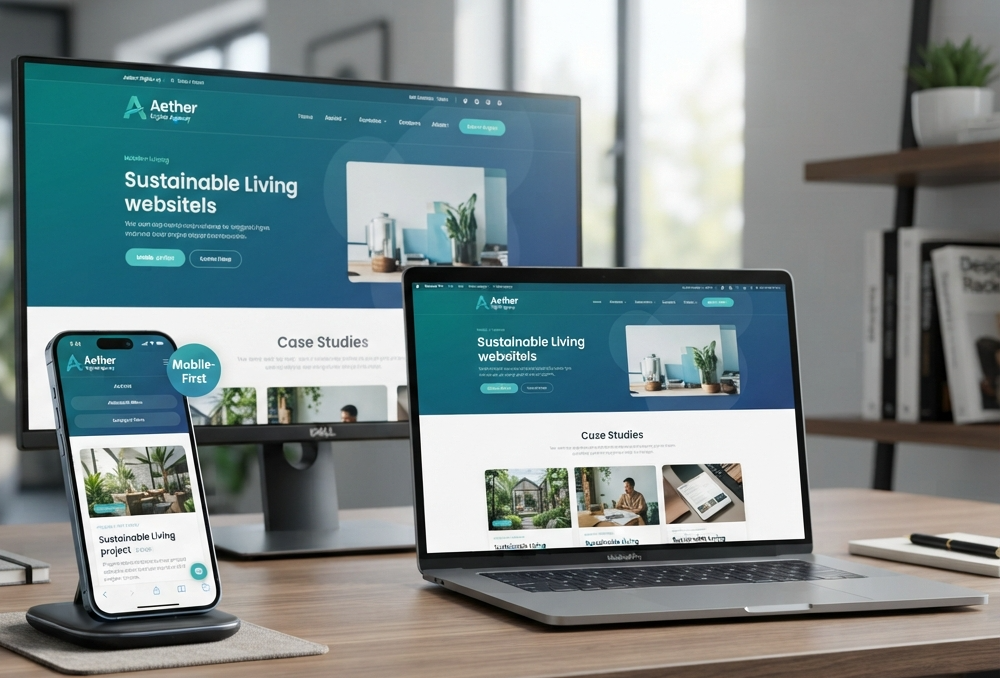 Un téléphone, un écran d’ordinateur et un portable affichant le même site web
